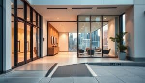 A modern, accessible medical clinic situated in the heart of downtown Calgary. The building's facade features a clean, minimalist design with large windows allowing natural light to flood the interior. In the foreground, a ramp and automatic doors welcome patients of all mobility levels. The middle ground showcases a welcoming lobby with comfortable seating and sleek, contemporary decor. In the background, the skyline of Calgary's vibrant city center can be seen through the windows, creating a sense of urban integration. The lighting is soft and diffused, enhancing the calming, professional atmosphere. The camera angle is slightly elevated, providing an inviting perspective of the clinic's accessible, patient-centric environment.