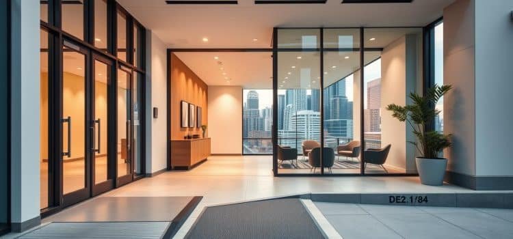 A modern, accessible medical clinic situated in the heart of downtown Calgary. The building's facade features a clean, minimalist design with large windows allowing natural light to flood the interior. In the foreground, a ramp and automatic doors welcome patients of all mobility levels. The middle ground showcases a welcoming lobby with comfortable seating and sleek, contemporary decor. In the background, the skyline of Calgary's vibrant city center can be seen through the windows, creating a sense of urban integration. The lighting is soft and diffused, enhancing the calming, professional atmosphere. The camera angle is slightly elevated, providing an inviting perspective of the clinic's accessible, patient-centric environment.