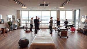 A modern, airy physiotherapy clinic in Calgary, Alberta. The foreground showcases a well-equipped treatment room with a massage table, exercise balls, and other therapeutic equipment. In the middle ground, physiotherapists attend to patients, guiding them through various rehabilitation exercises. The background features large windows overlooking the serene Bow River, creating a calming, natural ambiance. Soft, diffused lighting from overhead fixtures illuminates the space, and the overall mood is one of professionalism, expertise, and patient-centered care.