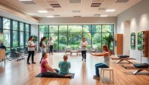A modern and inviting rehabilitation center, with a spacious and well-equipped physical therapy gym in the foreground. Patients of diverse ages and abilities are engaged in personalized exercises and activities, guided by attentive therapists. The middle ground showcases a tranquil therapy room with soothing decor, where one-on-one sessions take place. In the background, a serene outdoor courtyard with lush greenery and natural light creates a calming atmosphere, promoting healing and recovery. Soft, diffused lighting and a warm, welcoming color palette convey a sense of comfort and care. The scene captures the essence of a comprehensive, personalized neurological rehabilitation program.
