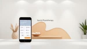 A modern, minimalist design for a sports physiotherapy clinic's easy appointment scheduling experience. In the foreground, a smartphone displaying a sleek, intuitive booking interface with large, clearly labeled buttons for services, availability, and contact information. The middle ground features a clean, uncluttered layout with soothing earth-toned accents, conveying a sense of professionalism and care. The background showcases the clinic's minimalist branding, with subtle patterns and textures evoking a calming, welcoming atmosphere. The overall scene is bathed in soft, directional lighting, creating a visually appealing and user-friendly experience for patients.
