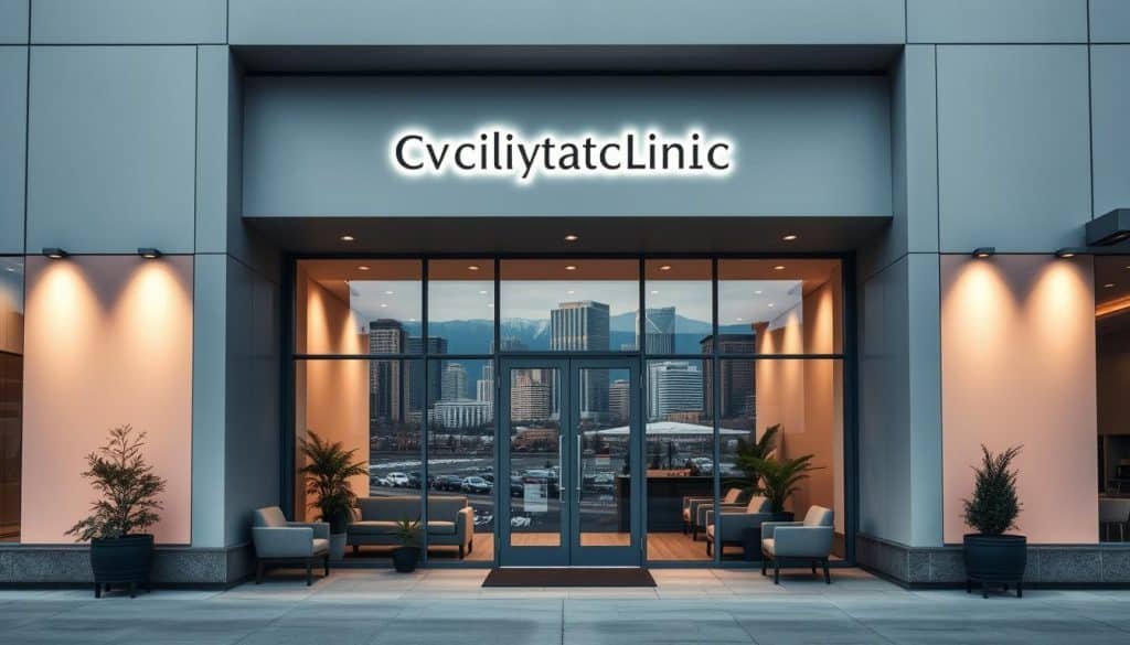 A modern, minimalist storefront with large windows and a clean, welcoming facade. The clinic's name is prominently displayed in simple, elegant typography. The entrance is flanked by potted plants and inviting seating areas. Soft, diffused lighting creates a calming atmosphere. In the background, the cityscape of Calgary is visible, with its distinctive skyscrapers and mountain vistas. The overall impression is one of professionalism, accessibility, and a commitment to holistic neurological rehabilitation.