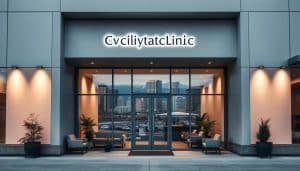 A modern, minimalist storefront with large windows and a clean, welcoming facade. The clinic's name is prominently displayed in simple, elegant typography. The entrance is flanked by potted plants and inviting seating areas. Soft, diffused lighting creates a calming atmosphere. In the background, the cityscape of Calgary is visible, with its distinctive skyscrapers and mountain vistas. The overall impression is one of professionalism, accessibility, and a commitment to holistic neurological rehabilitation.