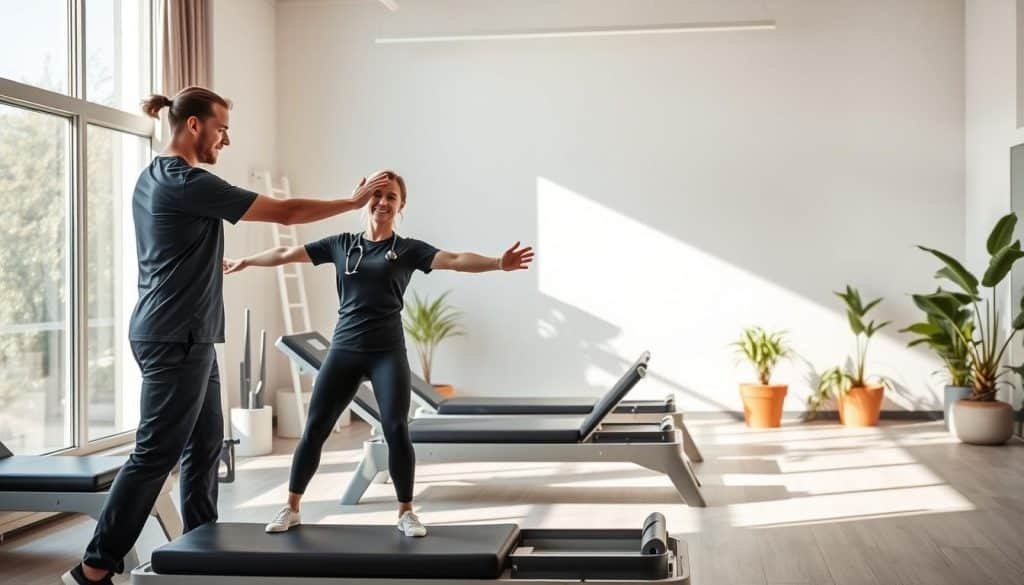 A modern physiotherapy clinic, bathed in soft natural light filtering through large windows. In the foreground, a physiotherapist guides a patient through a series of carefully choreographed exercises, their movements fluid and precise. The middle ground showcases state-of-the-art rehabilitation equipment - sleek, ergonomic machines designed to aid in the recovery process. The background depicts a calming, minimalist aesthetic, with soothing neutral tones and strategically placed plants, creating a serene, therapeutic atmosphere. The overall scene conveys a sense of professionalism, expertise, and a commitment to advanced, holistic rehabilitation techniques.