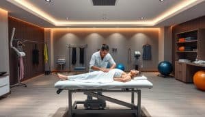 A modern sports therapy clinic, bathed in warm lighting and a soothing, calming atmosphere. In the foreground, a physiotherapist carefully administers advanced therapeutic treatments, such as laser therapy, ultrasound, and electric stimulation, to a patient lying on a treatment table. The middle ground showcases various specialized equipment and devices used for rehabilitation and recovery, including resistance bands, exercise balls, and massage tools. In the background, a minimalist, yet sophisticated decor with clean lines and natural materials creates a professional, yet inviting ambiance. The overall scene conveys a sense of expertise, innovation, and personalized care, perfectly capturing the essence of "Advanced Therapies and Specialized Treatments" within the context of a premier sports physiotherapy clinic.