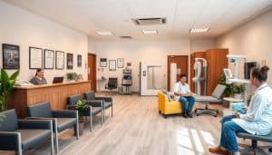 A modern, well-equipped sports injury diagnosis clinic, with a spacious waiting area furnished with comfortable chairs and potted plants. The reception desk is staffed by a friendly receptionist, and the walls are adorned with informative posters and certificates showcasing the clinic's expertise. In the examination rooms, state-of-the-art medical equipment, such as X-ray machines and ultrasound scanners, are neatly arranged. Physiotherapists in clean, professional attire consult with patients, analyzing injuries and discussing personalized treatment plans. The overall atmosphere conveys a sense of professionalism, care, and a commitment to helping athletes recover and return to their respective sports.