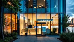 A modern, well-equipped sports medicine clinic nestled in the heart of downtown Calgary, overlooking the scenic Bow River. The exterior features a sleek, glass facade that reflects the city's skyline, exuding an atmosphere of professionalism and state-of-the-art healthcare. The entrance is framed by lush greenery and an inviting walkway, leading patients to the reception area with its warm, welcoming ambiance. The clinic's signage is prominently displayed, providing clear guidance for those seeking specialized sports physiotherapy and rehabilitation services. Soft, natural lighting filters through the large windows, creating a calming and therapeutic environment for patients' recovery and well-being.