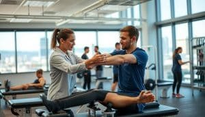 A modern, well-equipped sports rehabilitation clinic in Calgary, Canada. In the foreground, a physiotherapist guides a patient through a series of exercises on specialized equipment, their focused expressions conveying the importance of the treatment. The middle ground features additional therapy stations, where athletes engage in tailored regimens supervised by attentive staff. The background showcases the clinic's airy, light-filled interior design, with large windows offering views of the vibrant city outside. The overall atmosphere exudes professionalism, care, and a commitment to helping athletes recover and return to peak performance.