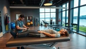 A modern, well-equipped sports therapy clinic in Calgary, Canada. In the foreground, a patient lies on an examination table, being evaluated by a physiotherapist. The physiotherapist is using various diagnostic tools and techniques to assess the patient's condition. The middle ground features rehabilitation equipment such as exercise balls, resistance bands, and massage tables, indicating the clinic's comprehensive approach to personalized treatment. The background showcases large windows overlooking the Bow River, creating a calming, natural environment. The lighting is warm and inviting, with a mixture of natural and soft, diffused artificial light. The overall atmosphere conveys a sense of professionalism, care, and attention to the individual needs of each patient.