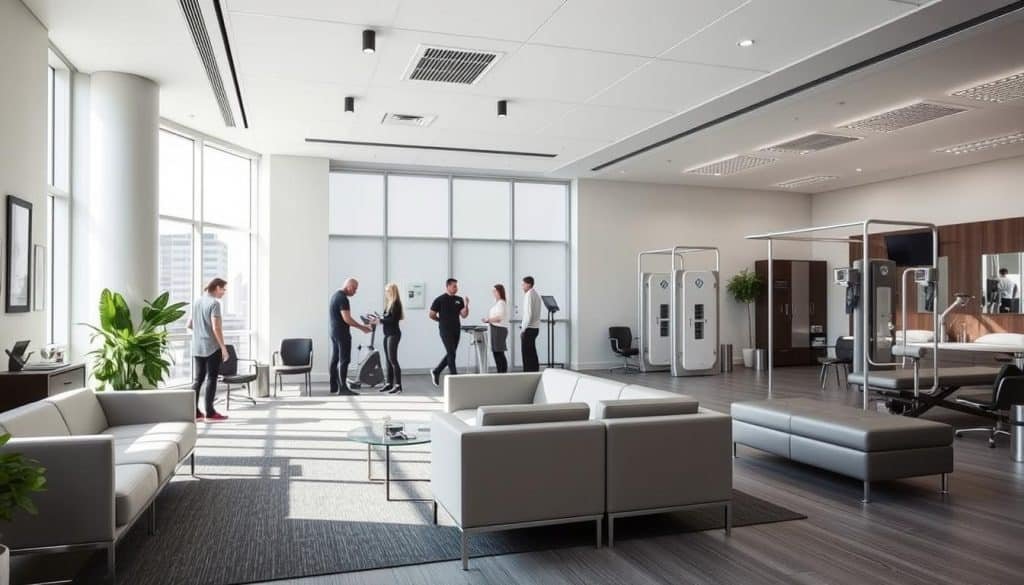 A modern, well-equipped sports therapy clinic situated in downtown Calgary. In the foreground, a spacious and airy reception area with sleek, minimalist furniture and soothing natural lighting from large windows. In the middle ground, a team of skilled physiotherapists and athletic therapists assisting patients with various rehabilitation exercises and treatments. The background showcases state-of-the-art treatment rooms, equipped with the latest medical technology and machines. The overall atmosphere conveys a sense of professionalism, comfort, and a focus on helping athletes and active individuals recover from injuries and improve their physical performance.