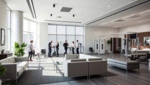 A modern, well-equipped sports therapy clinic situated in downtown Calgary. In the foreground, a spacious and airy reception area with sleek, minimalist furniture and soothing natural lighting from large windows. In the middle ground, a team of skilled physiotherapists and athletic therapists assisting patients with various rehabilitation exercises and treatments. The background showcases state-of-the-art treatment rooms, equipped with the latest medical technology and machines. The overall atmosphere conveys a sense of professionalism, comfort, and a focus on helping athletes and active individuals recover from injuries and improve their physical performance.