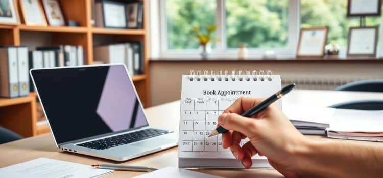 A neatly organized desk with a laptop, stationery, and a calendar open to "Book Appointment" prominently displayed. In the foreground, a hand holds a pen, poised to make an entry. The background features a warm, inviting office setting with shelves of medical reference books, framed certificates, and a window overlooking a lush, green landscape. Soft, natural lighting illuminates the scene, creating a calming, professional atmosphere. The overall composition conveys the ease and accessibility of booking a physiotherapy appointment at Riverside Sports Therapy.
