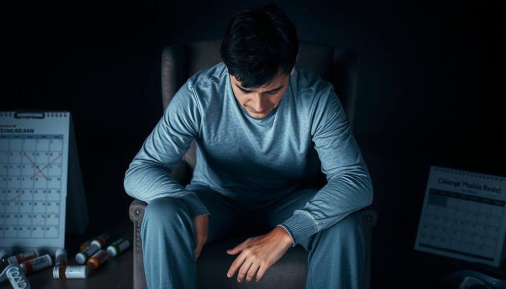 A person sitting on a chair, appearing weary and dejected, with a pained expression on their face. The background is dimly lit, conveying a sense of heaviness and emotional burden. The figure is surrounded by subtle visual cues suggesting the impact of chronic pain, such as discarded medication bottles, a cane or walking aid, and a calendar with crossed-out days. The lighting is soft and muted, creating a somber, introspective atmosphere. The composition is tight, focusing on the individual's struggle, capturing the isolation and daily challenges faced with chronic pain.