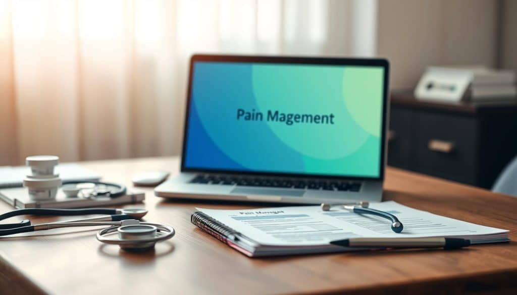 A personalized pain management plan on a wooden desk, with a laptop, notepad, and various medical instruments nearby. The plan is displayed on the laptop screen, with a soothing blue and green color scheme. The lighting is soft and natural, casting a warm glow over the scene. The background is blurred, but suggests a calm, professional office setting. The overall mood is one of thoughtful consideration and personalized care, reflecting the subject of chronic pain relief techniques and approaches.
