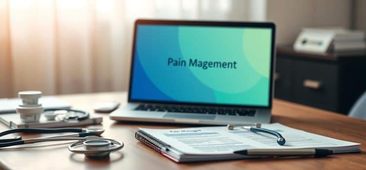 A personalized pain management plan on a wooden desk, with a laptop, notepad, and various medical instruments nearby. The plan is displayed on the laptop screen, with a soothing blue and green color scheme. The lighting is soft and natural, casting a warm glow over the scene. The background is blurred, but suggests a calm, professional office setting. The overall mood is one of thoughtful consideration and personalized care, reflecting the subject of chronic pain relief techniques and approaches.