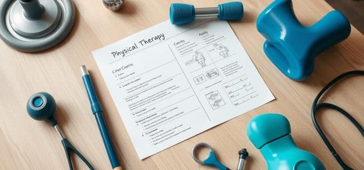 A personalized physical therapy plan is displayed on a light wooden table, with various exercise equipment and therapeutic tools arranged neatly around it. The plan features handwritten notes, diagrams, and a customized exercise regimen tailored to the individual's needs. The lighting is soft and natural, casting a warm glow over the scene. The camera angle is slightly elevated, capturing the plan in a visually appealing, organized layout. The overall mood is one of professionalism, attention to detail, and a personalized approach to healthcare.