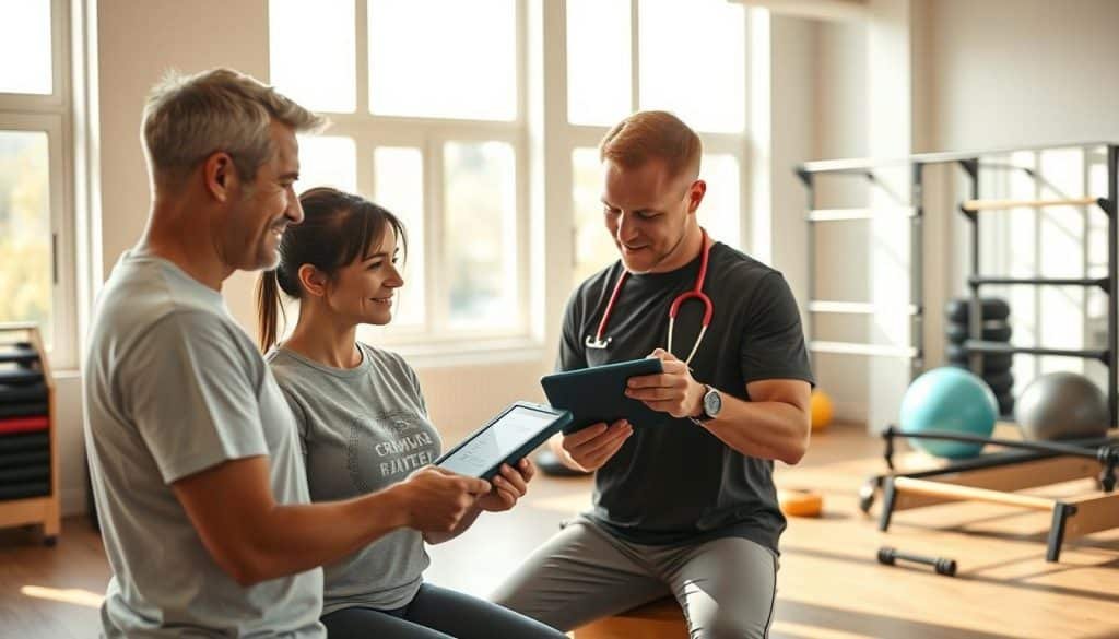A personalized rehabilitation plan taking shape in a serene, light-filled physiotherapy clinic. In the foreground, a patient and their therapist review assessment findings on a digital tablet, their expressions intent and collaborative. The middle ground features various rehab equipment - resistance bands, balance balls, and parallel bars - arranged in an organized, welcoming layout. Warm, natural lighting filters in through large windows, casting a soothing glow over the scene. The background showcases a calming, muted color palette, creating a tranquil, professional atmosphere conducive to the healing process.