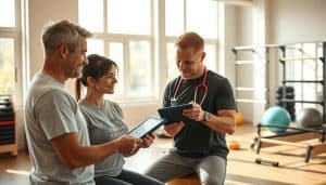 A personalized rehabilitation plan taking shape in a serene, light-filled physiotherapy clinic. In the foreground, a patient and their therapist review assessment findings on a digital tablet, their expressions intent and collaborative. The middle ground features various rehab equipment - resistance bands, balance balls, and parallel bars - arranged in an organized, welcoming layout. Warm, natural lighting filters in through large windows, casting a soothing glow over the scene. The background showcases a calming, muted color palette, creating a tranquil, professional atmosphere conducive to the healing process.