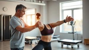 A physiotherapist carefully guiding a patient through a personalized exercise routine in a well-equipped sports therapy clinic. The patient, clad in athletic attire, is performing a series of dynamic stretches and strength-building movements under the attentive supervision of the physiotherapist. Warm, natural lighting filters in through large windows, creating a soothing, calming atmosphere. The clinic's modern, minimalist design features sleek, ergonomic equipment and a serene, open-concept layout, fostering a sense of comfort and personalized care. The physiotherapist's expression exudes empathy and expertise, tailoring the session to the patient's unique needs and goals.