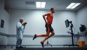 A physiotherapist meticulously analyzing the running technique of an athlete in a biomechanics lab. The athlete is captured mid-stride, their form illuminated by a combination of studio lighting and high-speed cameras. The physiotherapist studies the athlete's movements, focusing on joint angles, muscle activation, and stride dynamics. The lab's clinical and technical atmosphere is conveyed through the clean, modern design and the presence of specialized equipment. The resulting image provides a detailed, data-driven perspective on the nuances of running technique, serving as a valuable resource for runners seeking to optimize their performance.
