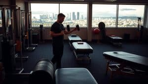 A rehabilitation center with state-of-the-art sports therapy equipment. In the foreground, a physiotherapist guides a patient through a series of exercises, their movements captured in sharp detail. The middle ground showcases various rehabilitation tools, from resistance bands to massage tables, all bathed in soft, warm lighting. In the background, a panoramic view of the Calgary skyline, hinting at the city's vibrant sports culture. The atmosphere is one of focused determination, as the patient and therapist work together to aid the recovery process. A sense of professionalism and care pervades the scene, reflecting the expertise of the Riverside Sports Therapy clinic.