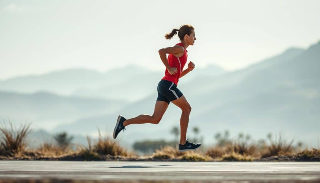 A runner effortlessly glides through a serene landscape, their form enhanced by cutting-edge physiotherapy techniques. The foreground showcases the runner's fluid motion, with a focus on their strong, yet agile limbs. The middle ground features a subtly blurred gym setting, hinting at the rigorous training and personalized care that enable this level of performance. In the background, a hazy mountain backdrop suggests a sense of tranquility and inner focus. Soft, diffused lighting illuminates the scene, creating a sense of harmony between the runner's movement and their natural environment. Overall, the image conveys the power of targeted physiotherapy to unlock the full potential of athletic performance and mobility.