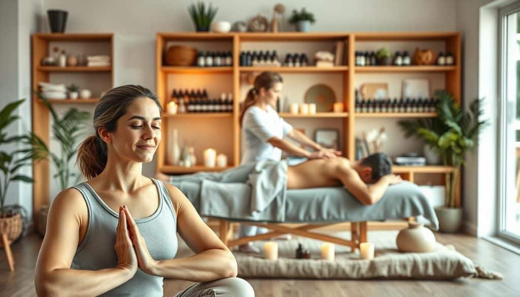 A serene and harmonious scene depicting various integrative pain therapies. In the foreground, a person practices gentle yoga poses, their face expressing deep tranquility. Behind them, a massage therapist kneads the back of a patient lying on a cushioned table, surrounded by soothing candles and essential oil diffusers. In the background, shelves display an array of herbal remedies, acupuncture needles, and other holistic healing tools. Soft, natural lighting filters through large windows, creating a calming, restorative atmosphere. The overall mood is one of balance, wellness, and a comprehensive approach to managing chronic pain.