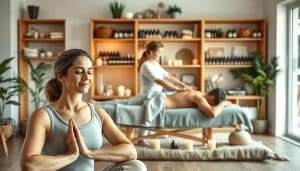 A serene and harmonious scene depicting various integrative pain therapies. In the foreground, a person practices gentle yoga poses, their face expressing deep tranquility. Behind them, a massage therapist kneads the back of a patient lying on a cushioned table, surrounded by soothing candles and essential oil diffusers. In the background, shelves display an array of herbal remedies, acupuncture needles, and other holistic healing tools. Soft, natural lighting filters through large windows, creating a calming, restorative atmosphere. The overall mood is one of balance, wellness, and a comprehensive approach to managing chronic pain.