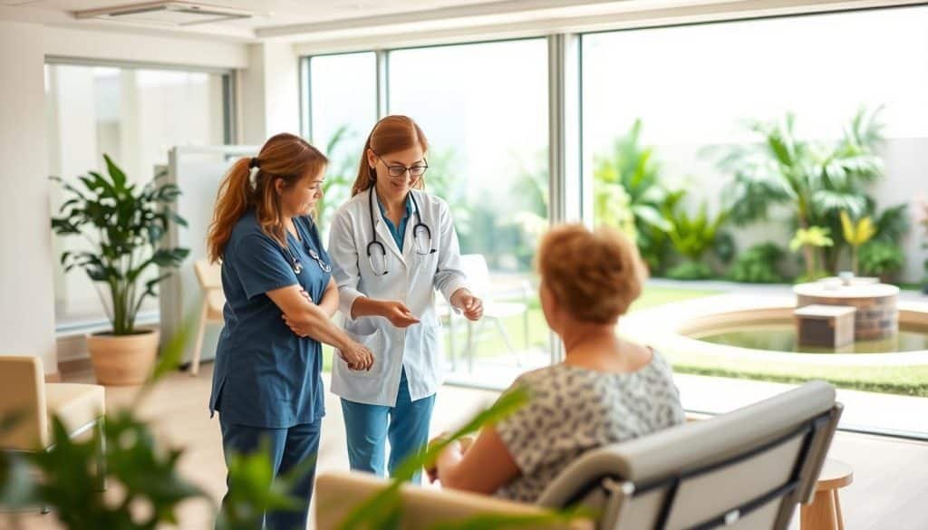 A serene and inviting rehabilitation center, with a light-filled interior featuring modern, ergonomic furniture and equipment. In the foreground, a team of compassionate healthcare professionals guide a patient through a series of personalized therapeutic exercises, their expressions conveying empathy and dedication. The middle ground showcases a range of comprehensive services, from physiotherapy to occupational therapy, all designed to aid in the patient's holistic recovery. The background depicts a tranquil outdoor space, with lush greenery and a calming water feature, creating a restorative environment that promotes healing and well-being.
