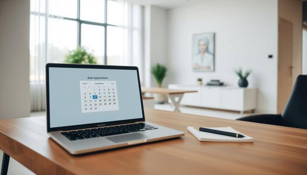 A serene and minimalistic office scene, showcasing an appointment booking process. In the foreground, a sleek wooden desk features a laptop displaying a calendar interface, inviting the viewer to "Book Appointment Calgary". Atop the desk, a pen and notepad create an organized workspace. The middle ground depicts a modern office interior, with clean lines, neutral tones, and minimalist decor, evoking a sense of professionalism and efficiency. The background features a large window, allowing natural light to flood the space and create a warm, welcoming ambiance. The overall composition and lighting convey a sense of ease and accessibility, perfectly capturing the essence of the "Booking an Appointment and Getting More Information" section.