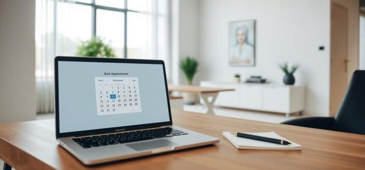 A serene and minimalistic office scene, showcasing an appointment booking process. In the foreground, a sleek wooden desk features a laptop displaying a calendar interface, inviting the viewer to "Book Appointment Calgary". Atop the desk, a pen and notepad create an organized workspace. The middle ground depicts a modern office interior, with clean lines, neutral tones, and minimalist decor, evoking a sense of professionalism and efficiency. The background features a large window, allowing natural light to flood the space and create a warm, welcoming ambiance. The overall composition and lighting convey a sense of ease and accessibility, perfectly capturing the essence of the "Booking an Appointment and Getting More Information" section.