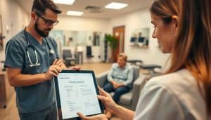 A serene and modern medical office, with warm lighting and a calming atmosphere. In the foreground, a healthcare professional reviews a personalized treatment plan assessment on a digital tablet, their expression focused and attentive. The middle ground features a comfortable seating area, where a patient sits engaged in discussion. The background showcases an array of rehabilitative equipment, subtly hinting at the specialized care available. The scene conveys a sense of individualized attention and a collaborative approach to treatment.