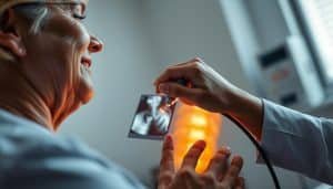 A serene, clinical setting with a doctor's hand carefully guiding an ultrasound probe over a patient's body, illuminating the inner structures with a soft, warm glow. The patient's expression conveys a sense of trust and relief as the specialist meticulously examines the affected area, working to pinpoint the source of pain and develop a targeted, minimally invasive treatment plan. The scene exudes a sense of professionalism, expertise, and a commitment to providing cutting-edge, patient-centered pain management solutions.