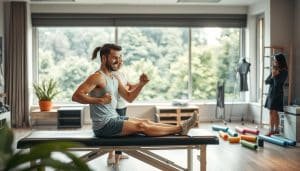 A serene indoor physiotherapy clinic with soft, warm lighting and clean, modern decor. In the foreground, a runner sits on a treatment table, receiving hands-on therapy from a physiotherapist. The physiotherapist demonstrates stretching and mobility exercises, their face expressing care and expertise. In the middle ground, various injury prevention tools and equipment are neatly arranged, including resistance bands, foam rollers, and ice packs. The background features large windows overlooking a lush, verdant landscape, creating a calming, restorative atmosphere.