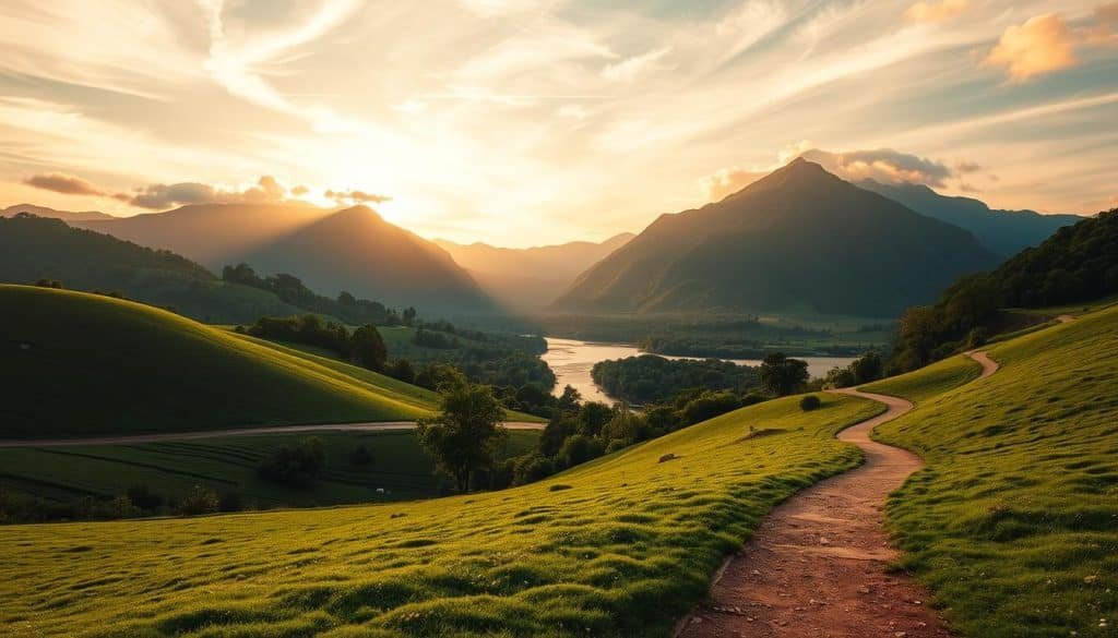 A serene, lush landscape unfolds, representing the stages of a rehabilitation journey. In the foreground, a winding path leads the viewer through verdant fields, symbolizing the gradual progress and steps taken. In the middle ground, a tranquil river flows, its calm waters mirroring the inner peace and resilience of the individual. Towering mountains rise in the background, their majestic peaks signifying the ultimate goal and sense of achievement. Warm, golden sunlight filters through wispy clouds, casting a soft, hopeful glow over the scene. The overall atmosphere conveys a sense of growth, resilience, and the transformative power of the rehabilitation process.