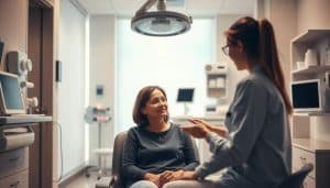 A serene medical office, bathed in soft, warm lighting. At the center, a patient sits calmly, surrounded by a nurse guiding them through the intake process. Crisp, clean medical equipment and soothing decor create a welcoming atmosphere. The patient's expression conveys a sense of trust and comfort, as the nurse explains the assessment and treatment plan. In the background, subtle details suggest the professionalism and care of the healthcare providers, setting the stage for a positive first visit experience.