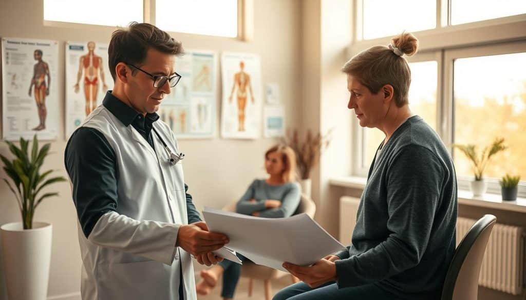 A serene medical office setting, flooded with warm, natural lighting from large windows. In the foreground, a physiotherapist reviews a patient's medical file, their expression one of focused attention. Behind them, a wall-mounted display showcases detailed anatomical illustrations and charts, providing a visual reference for the comprehensive assessment. In the middle ground, the patient sits comfortably, engaged in discussion with the physiotherapist, their body language conveying trust and understanding. The background features tasteful, minimalist decor, creating a calming, professional atmosphere conducive to the tailored treatment plan development.