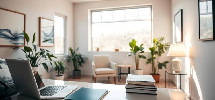 A serene medical office setting, with a large window illuminating the space. In the foreground, a desk with a laptop, a telephone, and neatly organized files, suggesting a professional and attentive environment. In the middle ground, a comfortable chair and a side table with a lamp, creating a welcoming atmosphere for patients. The background features soothing artwork on the walls, complemented by carefully selected plants, exuding a sense of care and healing. The lighting is soft and natural, casting a warm glow throughout the room. The overall mood is one of reassurance and support, reflecting the expertise and compassion of the medical professionals within.