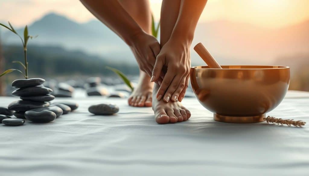 A serene, minimalist scene depicting a holistic approach to pain relief. In the foreground, a person's hands gently massage an ailing knee, using natural therapies like acupressure and essential oils. The middle ground features soothing elements like river stones, a bamboo plant, and a traditional Tibetan singing bowl, all bathed in warm, diffused lighting. In the background, a blurred, zen-like landscape with mountains and a winding stream suggests a connection to nature and its healing properties. The overall mood is one of tranquility, mindfulness, and a whole-body approach to managing chronic pain.