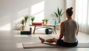 A serene, minimalist scene showcasing an athlete's customized recovery plan. In the foreground, a person sitting on a yoga mat, performing gentle stretches under soft, natural lighting. In the middle ground, a table displays various recovery tools such as foam rollers, resistance bands, and hydration bottles. The background features a tranquil, minimalist environment with neutral-toned walls and potted plants, conveying a sense of calm and focused rehabilitation. The overall mood is one of intentionality, reflecting the personalized approach to the athlete's recovery process.