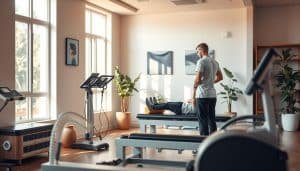 A serene, modern physiotherapy clinic with warm, natural lighting filtering through large windows. In the foreground, a physical therapist assists a patient performing targeted exercises on state-of-the-art rehabilitation equipment. The middle ground showcases an array of specialized tools and technology, conveying a commitment to innovation. In the background, subtle, calming artwork and verdant indoor plants create a tranquil, restorative atmosphere. The overall scene exudes professionalism, care, and a dedication to personalized, high-quality rehabilitation services.