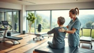 A serene, patient-centric healthcare setting with a warm, inviting atmosphere. In the foreground, a compassionate physiotherapist guides a patient through gentle, personalized exercises, their interactions exuding empathy and care. The middle ground features modern, state-of-the-art rehabilitation equipment, strategically placed to facilitate a holistic recovery journey. The background showcases a tranquil, nature-inspired landscape, with large windows flooding the space with soft, natural light, creating a sense of healing and well-being. The overall composition conveys a harmonious, patient-centered approach to sports physiotherapy, where the individual's needs and comfort are the primary focus.