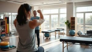 A serene physical therapy session in a well-equipped clinic. In the foreground, a patient performs gentle exercises under the watchful eye of a caring physiotherapist. The middle ground showcases various therapy tools and equipment, including resistance bands, exercise balls, and massage tables, all arranged in a clean, organized manner. The background features large windows that allow natural light to flood the space, creating a warm and inviting atmosphere. The overall scene conveys the benefits of physical therapy, emphasizing the personalized care, diverse treatment options, and restorative environment that can aid in the recovery and rehabilitation process.