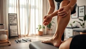A serene physiotherapy clinic, softly lit with natural light filtering through sheer curtains. In the foreground, a skilled practitioner's hands gently manipulate the muscles and connective tissues of an athlete's leg, using precise massage techniques to promote healing and recovery. The middle ground showcases various therapy tools and equipment, arranged with care and precision. In the background, subtle details like motivational wall art and soothing plant life create a calming, therapeutic atmosphere. The overall scene conveys a sense of expertise, empathy, and a holistic approach to sports injury rehabilitation.