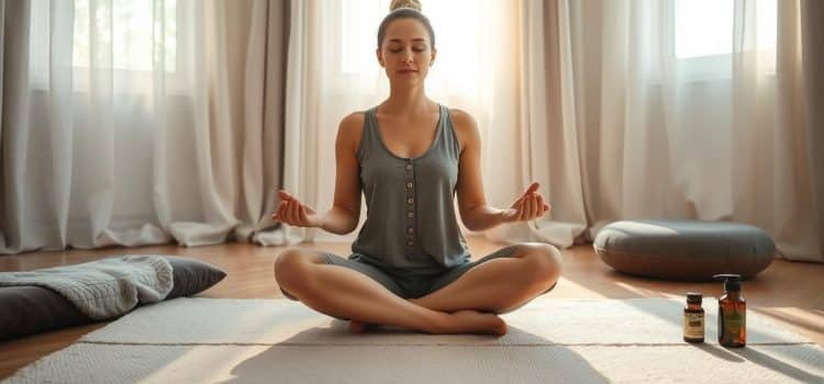 A serene scene of a person practicing mindfulness meditation, seated cross-legged on a plush mat in a tranquil, sunlit room. Soft natural light filters through gauzy curtains, casting a warm glow. In the foreground, hands rest gently on knees, palms upturned in a posture of openness. The person's expression is one of deep focus and inner calm. Surrounding them, an array of alternative pain relief tools - a heating pad, essential oils, and a meditation cushion - suggest a holistic, noninvasive approach to managing chronic discomfort. The overall atmosphere is one of healing, peace, and self-empowerment.