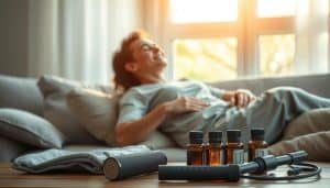 A serene scene of a person reclining on a comfortable sofa, their eyes closed in peaceful relaxation. The room is bathed in warm, soothing lighting, with a large window in the background allowing natural sunlight to filter in. In the foreground, various therapeutic tools and devices are arranged, including a heating pad, a massage roller, and a collection of essential oils. The overall atmosphere conveys a sense of tranquility and healing, perfectly capturing the essence of back and neck pain relief.