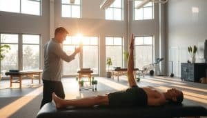 A serene sports therapy clinic, bathed in warm natural light streaming through large windows. In the foreground, a physiotherapist carefully guides an athlete through a series of targeted stretches and exercises, promoting muscle recovery and joint flexibility. The middle ground features state-of-the-art recovery equipment, including massage tables, foam rollers, and resistance bands. In the background, a calming, minimalist decor sets the stage for a holistic approach to post-game rehabilitation, with soothing colors and plants adding a sense of tranquility. The overall atmosphere conveys a balance of professionalism and care, reflecting the expertise and compassion of the Riverside Sports Therapy team.