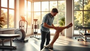 A serene sports therapy clinic, flooded with warm natural light from large windows. In the foreground, a physiotherapist intently examines an athlete's injured leg, their expertise evident in their focused gaze and careful touch. In the middle ground, state-of-the-art rehabilitation equipment stands ready, while the background reveals a tranquil garden view, creating a soothing, restorative atmosphere. The scene conveys the perfect balance of medical proficiency and holistic care, embodying the specialized knowledge and compassionate approach of sports physiotherapy.