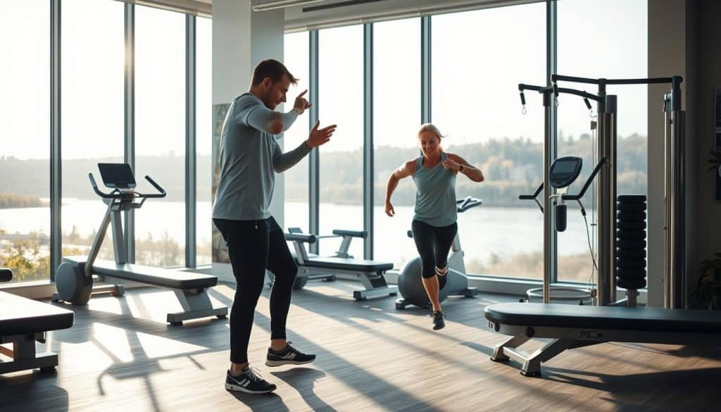 A serene sports therapy clinic with a personalized approach. In the foreground, a physiotherapist guides an athlete through a targeted exercise routine, their movements captured in a dynamic, cinéma vérité style. The middle ground showcases state-of-the-art rehabilitation equipment, while the background features floor-to-ceiling windows overlooking a tranquil riverside setting. Soft, natural lighting filters through, creating a calming, therapeutic ambiance. The overall scene conveys the expertise and personalized care that athletes can expect from this specialized Calgary physiotherapy practice.