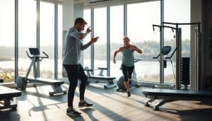 A serene sports therapy clinic with a personalized approach. In the foreground, a physiotherapist guides an athlete through a targeted exercise routine, their movements captured in a dynamic, cinéma vérité style. The middle ground showcases state-of-the-art rehabilitation equipment, while the background features floor-to-ceiling windows overlooking a tranquil riverside setting. Soft, natural lighting filters through, creating a calming, therapeutic ambiance. The overall scene conveys the expertise and personalized care that athletes can expect from this specialized Calgary physiotherapy practice.